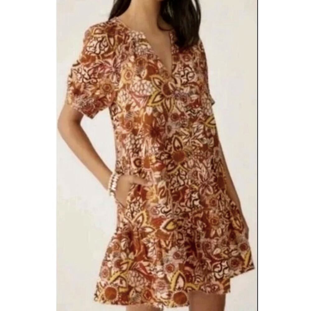 Anthropologie Pilcro Floral Dress XL Puff Sleeve Button Front Boho Tunic